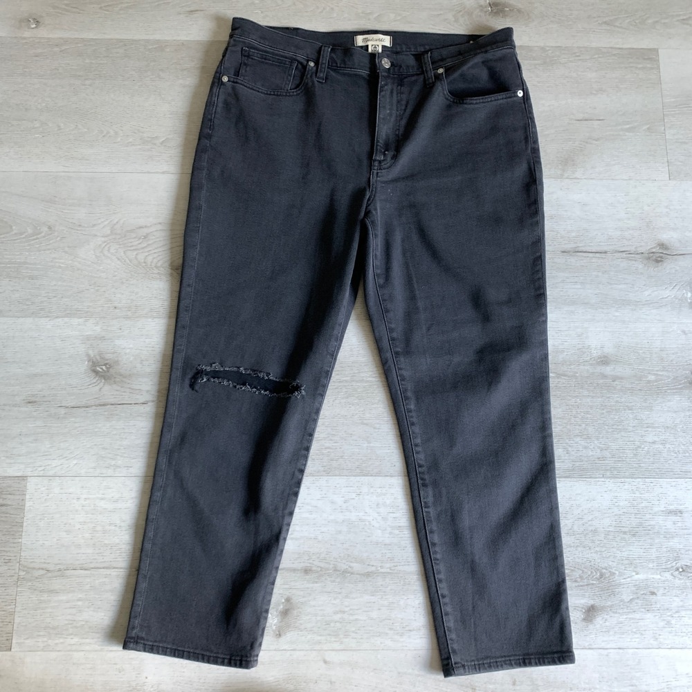 Madewell The Girljean Black Distressed Straight Leg Jeans 31 Lunar CKP466885776‎